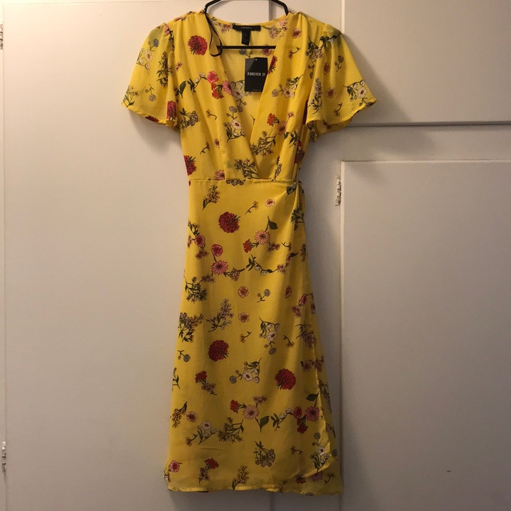 Forever 21 Yellow Floral Midi Wrap Dress